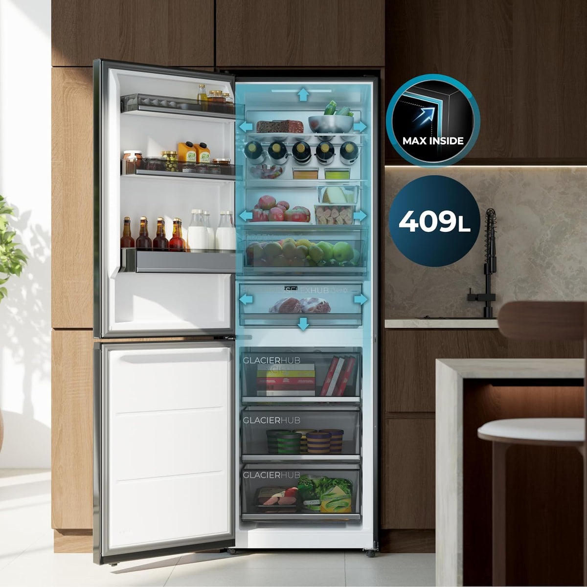 Cecotec Kühlschrank Kombi 409 L Total No Frost Bolero CoolMarket Combi 409 Black Glass C. Höhe 185 cm, Max Inside mit VIP Tech, Inverter-Kompressor Plus, geringer Stromverbrauch, variable Temperatur
