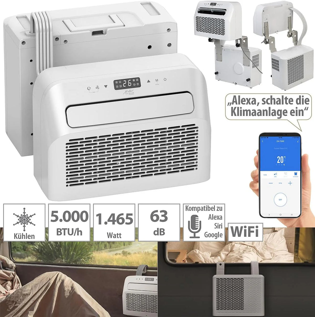 Sichler Haushaltsgeräte Mobiles Klimagerät: Mobile Split-Klimaanlage, Entfeuchterfunktion, WLAN & App, 5.000 BTU/h (Klimaanlage Wohnwagen, Mini Split Klimaanlage, Klima Splitgerät Bohren)