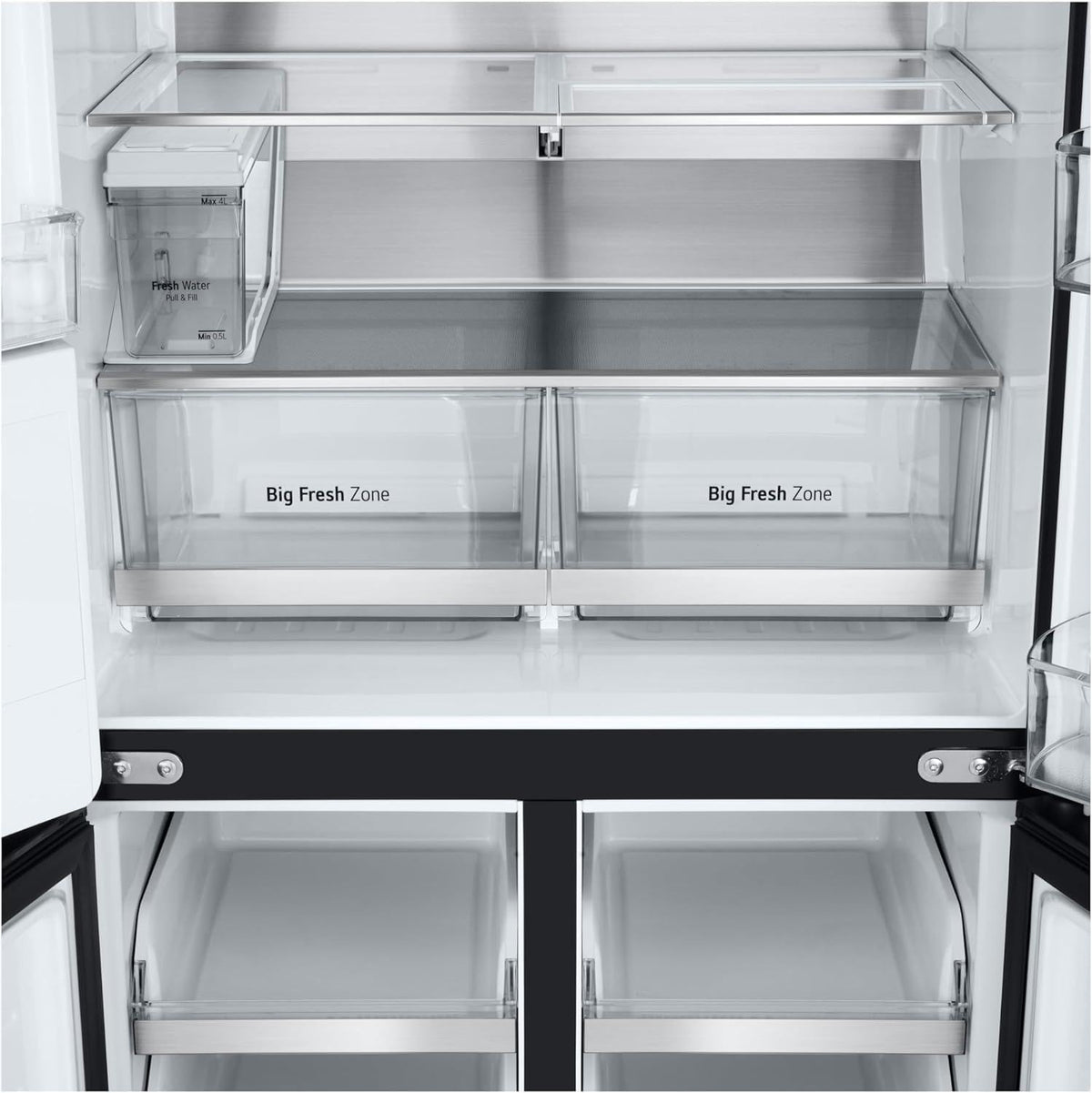 LG GMG861EPAE InstaView SLIM Multi-Door, Klasse E, 508 L, Kühlschrank mit Gefrierfach, Eis-, Crushed Ice- Wasserspender mit UVnano, Total NoFrost, Smart Inverter Kompressor, Wi-Fi, Farbe Matte Black