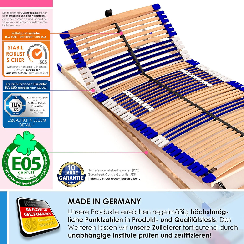 Stabiler Lattenrost 100% BUCHE - Kopf- und Fußteil verstellbar - SCHULTERFRÄSUNG, 7 Zonen, 44 Federleisten, Härte-Regulierung, Mittelgurt - Comfort 44® Vario - 100% fertig montiert (140x200cm)