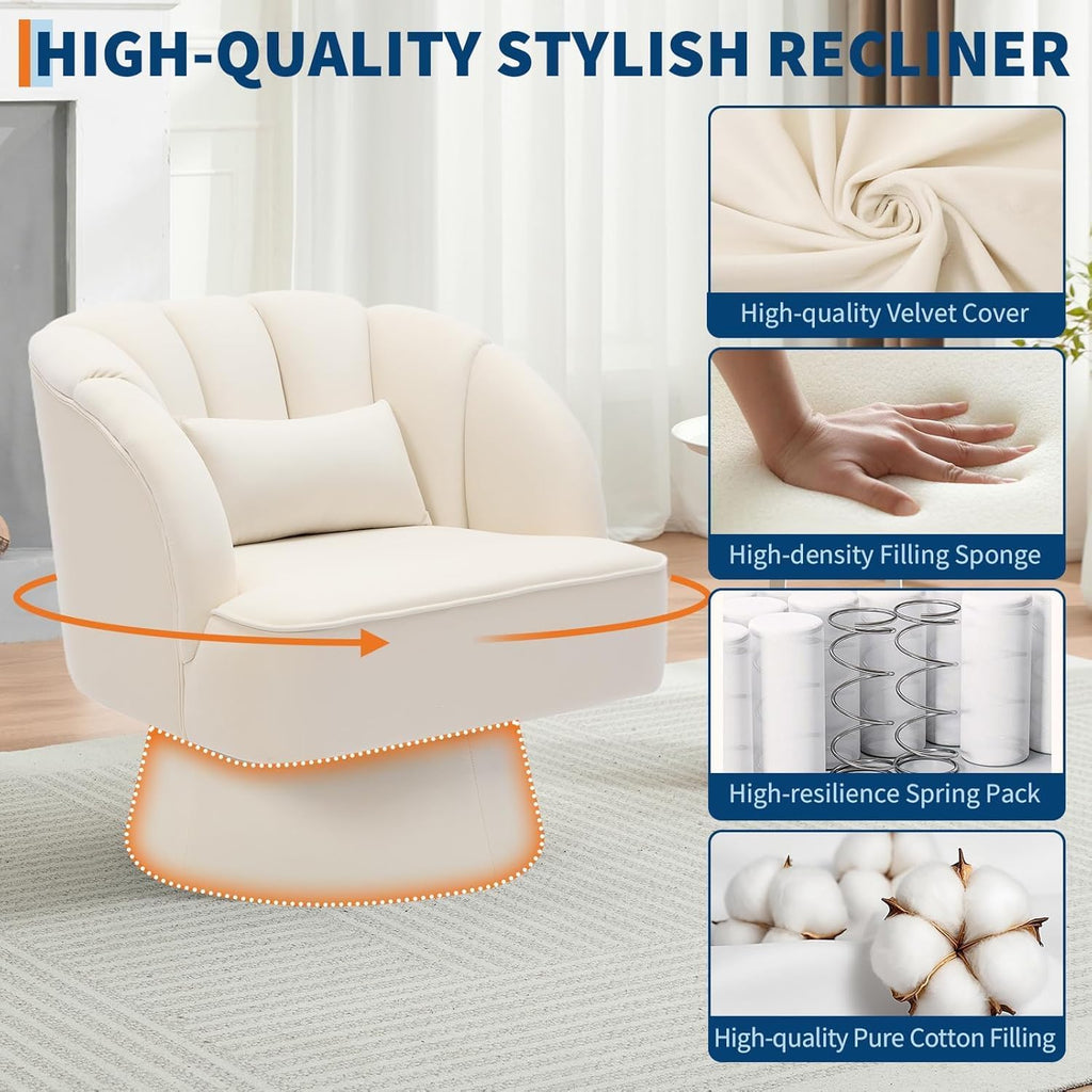 Moderner Drehsessel, 360 Grad Samt gepolsterter Sessel mit gestreifter Rückenlehne & Plüschpolsterung, bequemer runder Sessel für Wohnzimmer, Schlafzimmer, Leseecke, Beige