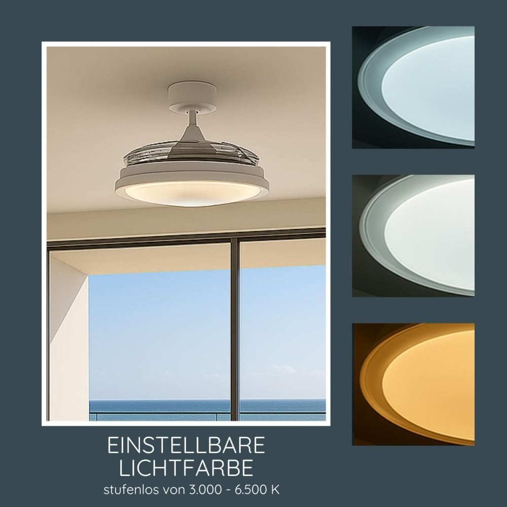 MeLiTec Deckenleuchte mit Ventilator, Deckenventilator mit Beleuchtung LED, leise, mit RGB-Licht, verschiedene Farbmodi, Timer- und Nachtlichtfunktion, dimmbar, DV07, weiß, Steuerung per Fernbedienung