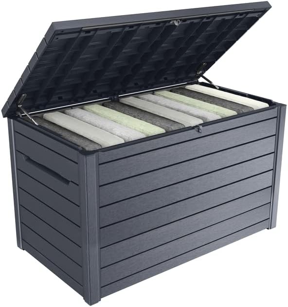 Keter Kissenbox XXL Ontario, graphit, 870l Fassungsvermögen, Außenmaße: 147 x 83 x 86 cm, Auflagenbox wasserdicht, für Outdoor geeignet
