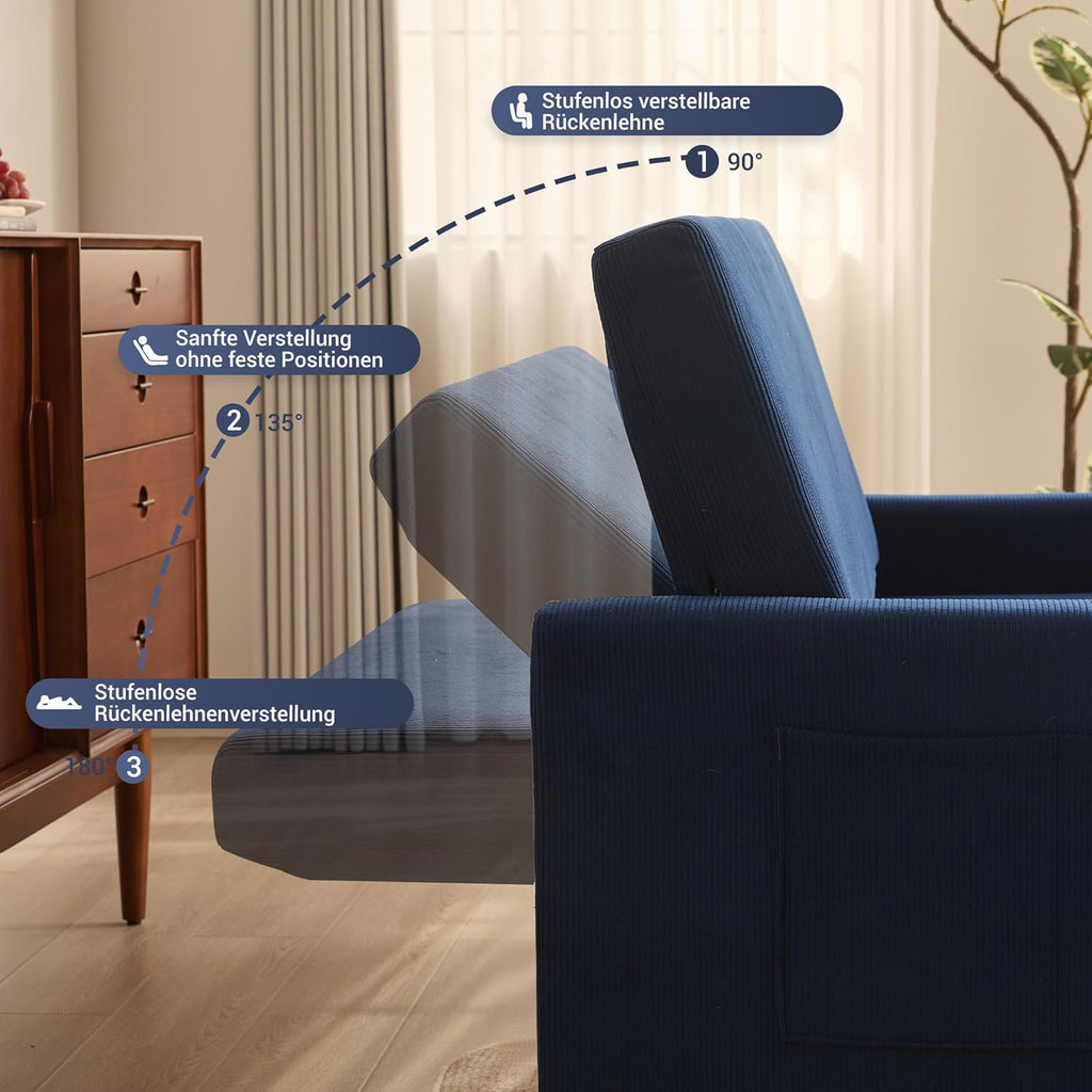 Schlafsofa 2-Sitzer, 3-in-1 ausziehbares Sofa Bett, Cordstoff Schlafcouch mit Verstellbarer Rückenlehne und Seitentaschen, für Wohnzimmer und Gästezimmer,Navyblau
