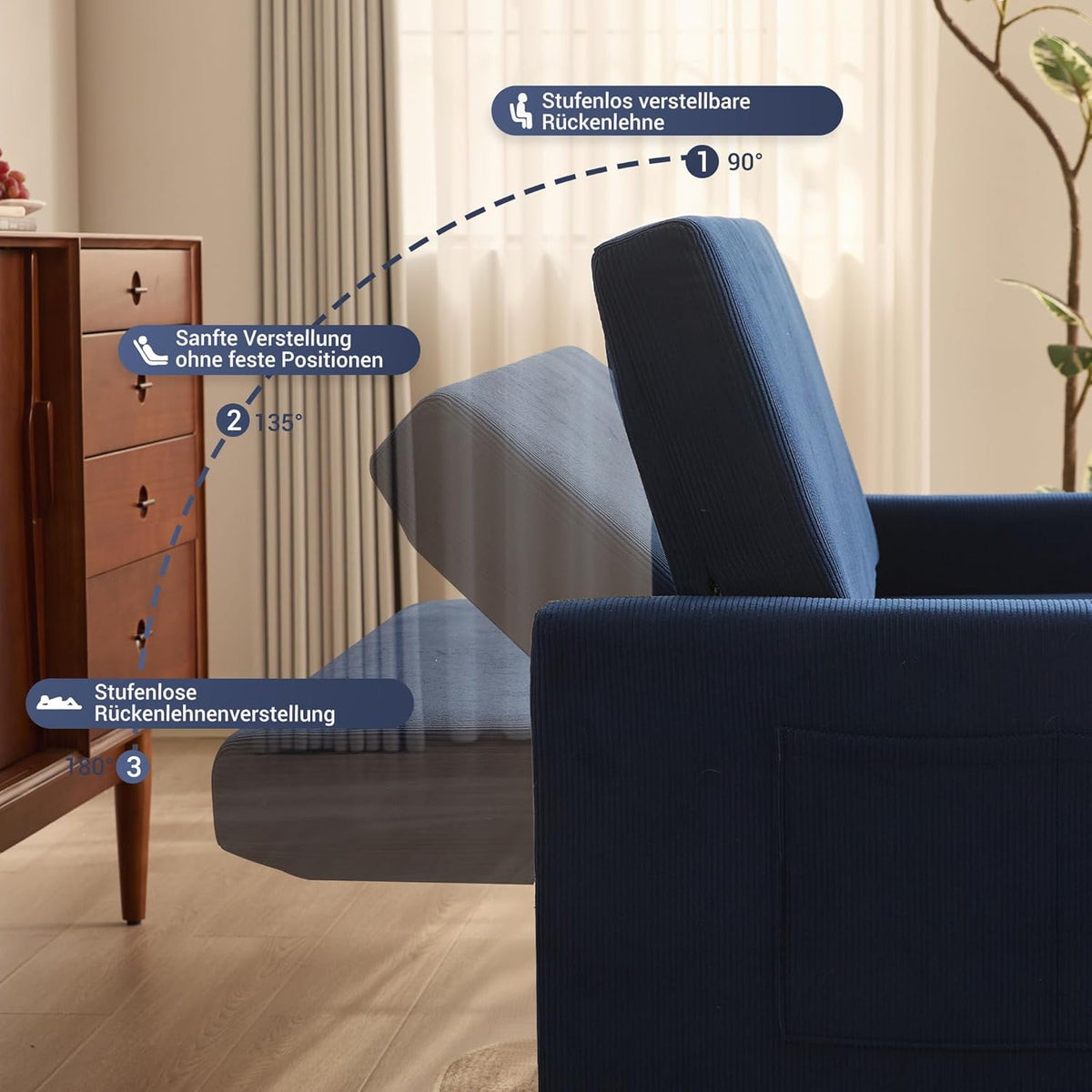 Schlafsofa 2-Sitzer, 3-in-1 ausziehbares Sofa Bett, Cordstoff Schlafcouch mit Verstellbarer Rückenlehne und Seitentaschen, für Wohnzimmer und Gästezimmer,Navyblau