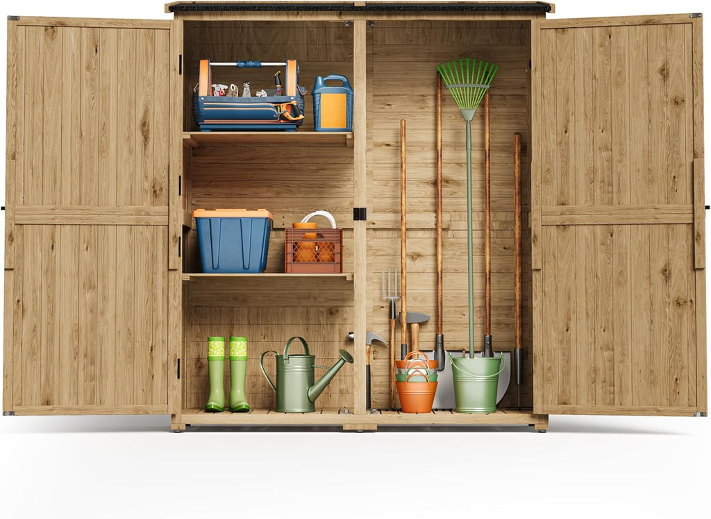 Gartenschrank Holz, Outdoor Geräteschrank, Gerätehaus mit Tür, Böden, Geräteschrank, Gartenhaus, Gartenschuppen für Garten, Terrasse & Balkon, 140x44x162cm, Natur