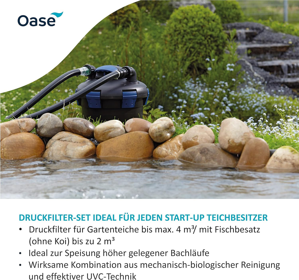 OASE 50499 Druckfilter BioPress Set 4000, Teichfilter Filterset zur effektiven und raschen Algenbekäpfung, Komplettset inkl Filterpumpe und UVC Klärer