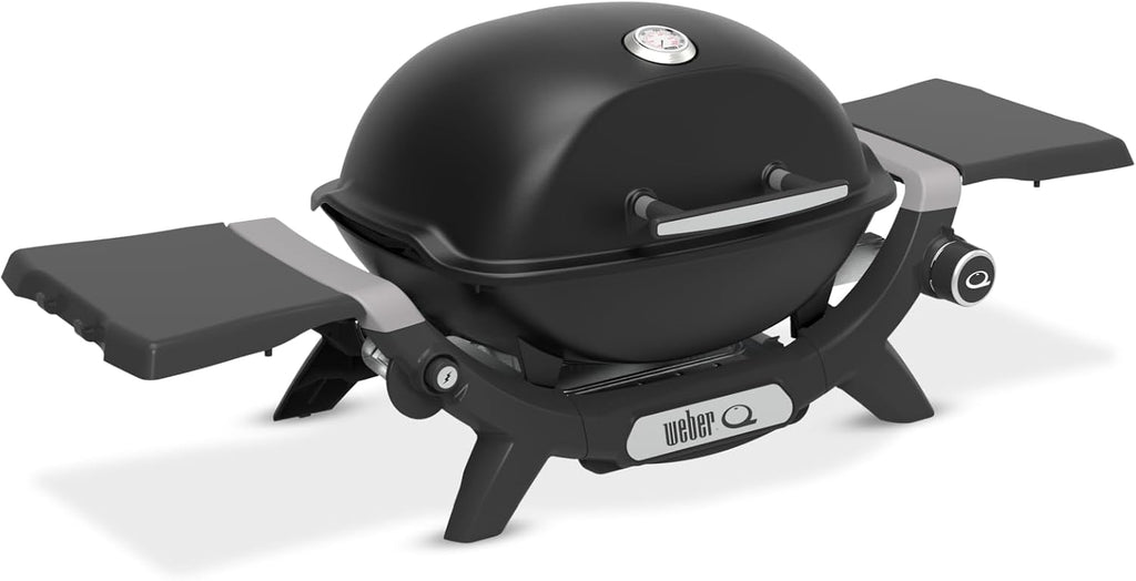 Weber Q 1200N Gasgrill mit Seitentischen/leichter Grill für Camping, Terrassen & Balkone mit Hochleistungsbrenner, porzellanemaillierten Gussrosten & elektronischer Zündung, Mitternachtsschwarz