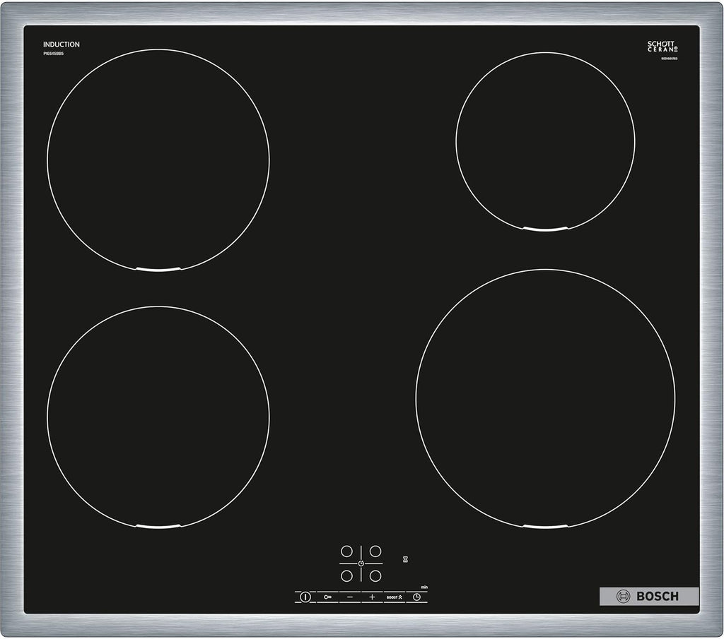 BOSCH PIE645BB5E Induktionskochfeld Serie 4, autarkes Glaskeramik-Kochfeld 60 cm breit, TouchSelect, PowerBoost, ReStart, Umlaufender Rahmen, Timer mit Abschaltfunktion, Schwarz