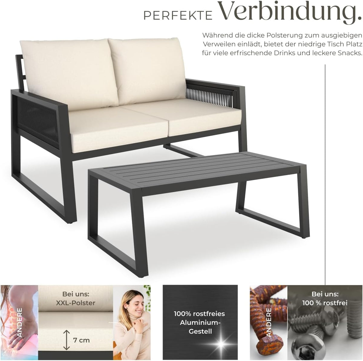 tectake® Rope Design Lounge Möbel Set für Garten oder Balkon, Aluminium Outdoor Sitzgruppe Terrassenmöbel mit Sofa und Tisch in Holz Optik, inkl. Gartenmöbel-Kissen, wetterfest
