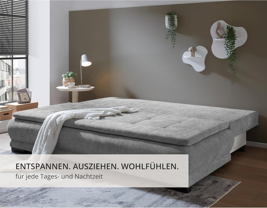 Liam Schlafsofa in grau – Modernes Design mit Bonell-Federkern, Bettkasten & Schlaffunktion für höchsten Komfort im Wohn- und Gästebereich