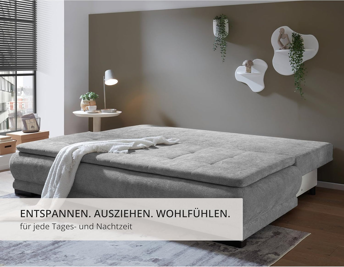 Liam Schlafsofa in grau – Modernes Design mit Bonell-Federkern, Bettkasten & Schlaffunktion für höchsten Komfort im Wohn- und Gästebereich