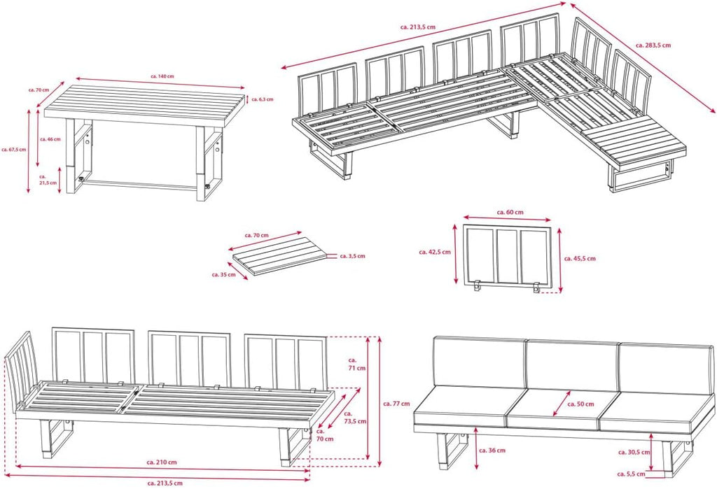 Green Spirit - Gartenlounge-Set Piazza - Grau, Aluminium, Tisch und Sitzbank höhenverstellbar, Wetterfest, Gartenmöbel-Set mit 2 Sofas & Tisch, Eck-Lounge für Garten, Terrasse & Outdoor