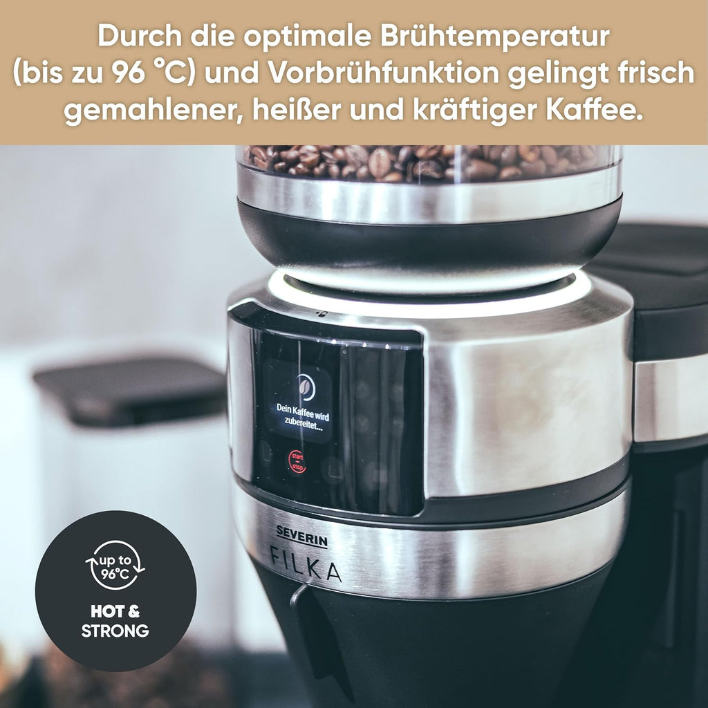 SEVERIN Filka, Vollautomat für Filterkaffee, 5-in-1 Filterkaffeemaschine mit LED-Display, Mahlwerk, mit Thermokanne, schwarz-matt, Edelstahl, KA 4853