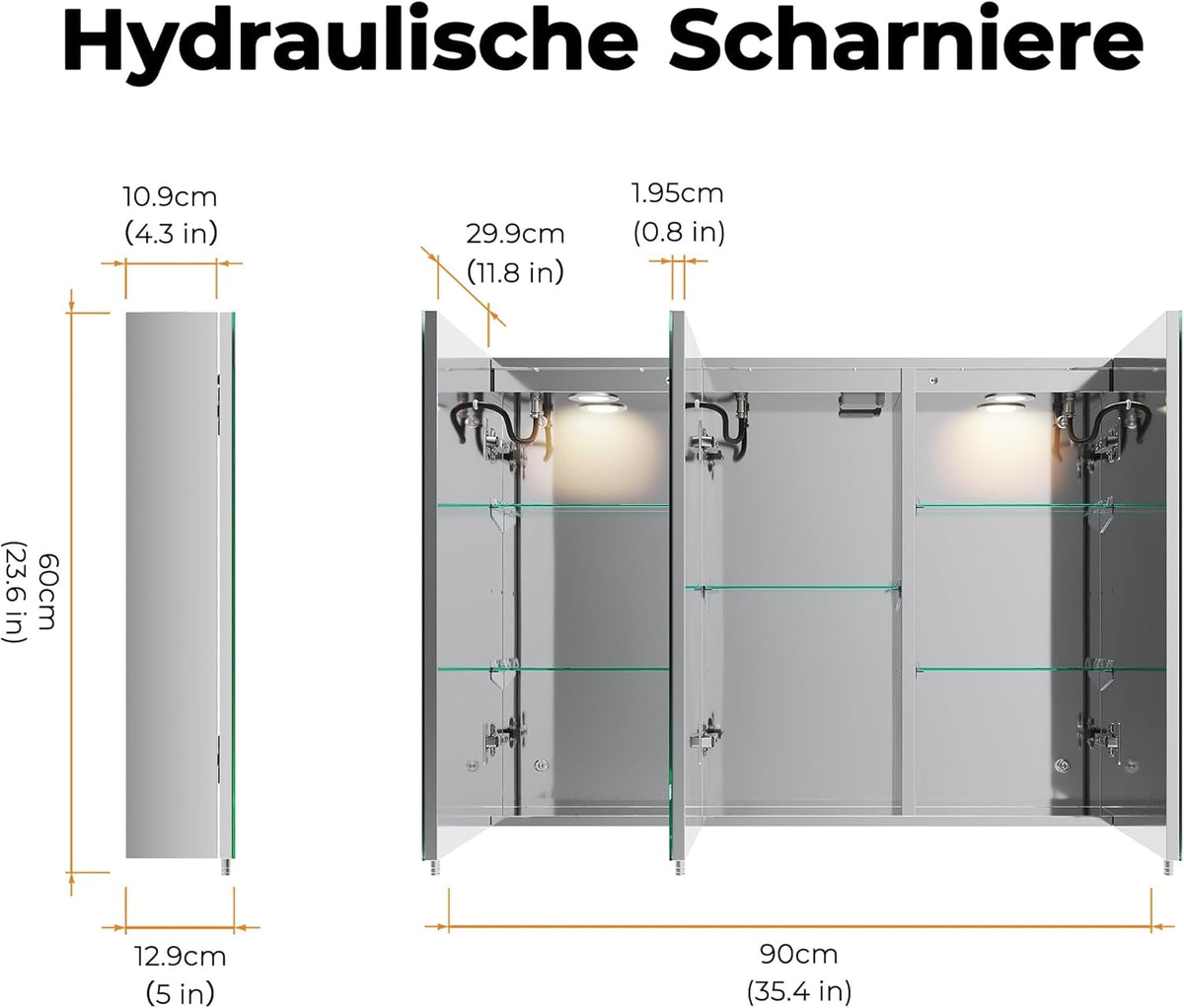 SVNR 90x65 cm Spiegelschrank Mit LED-Beleuchtung Fürs Badezimmer, 3-Türiger Badspiegelschrank Beleuchtung Mit Bluetooth, Touch-Schalter, Antibeschlag & Steckdose (Silber)