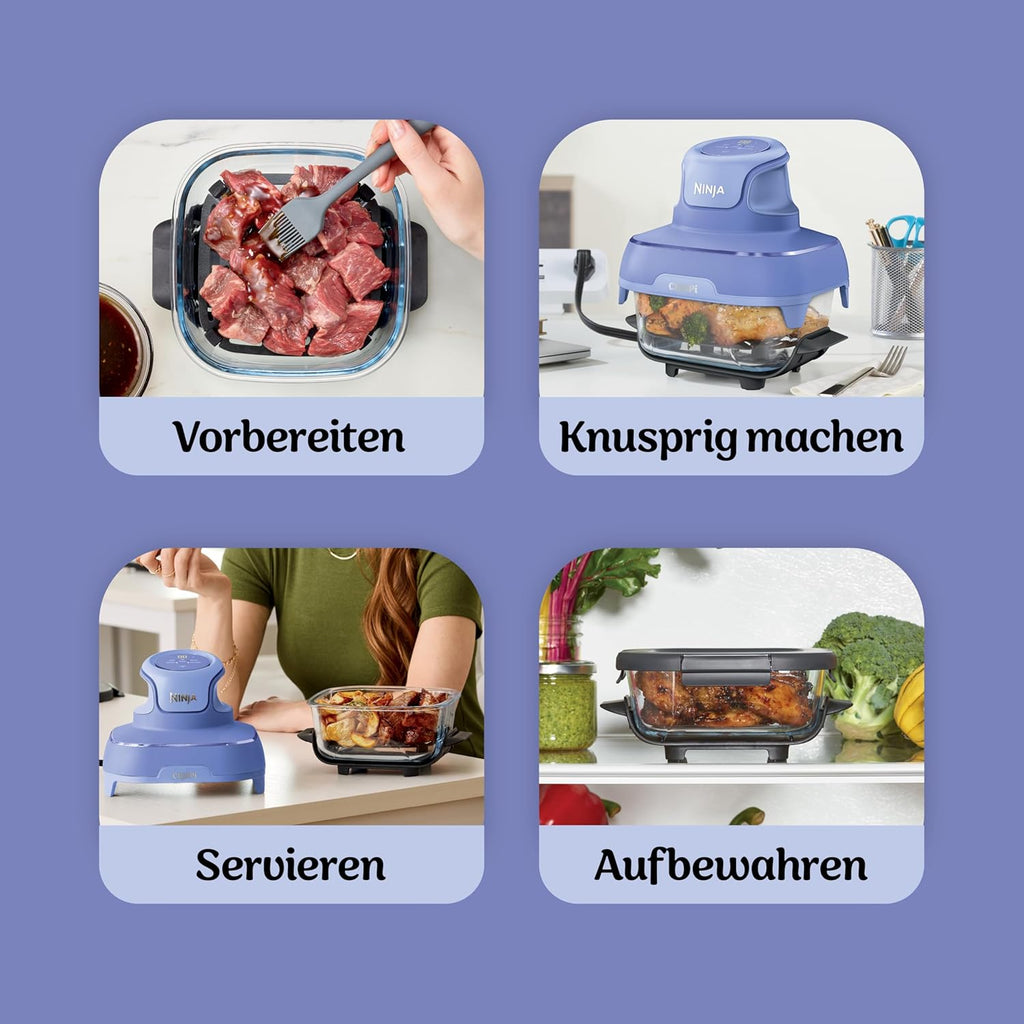 Ninja CRISPi Tragbare Heißluftfritteuse, 3,8 l & 1,4 l, 4-in-1: Heißluftfrittieren, Braten, Warmhalten, Aufknuspern, kompakt, 6 Portionen, 2 Glasbehälter & Deckel, 1700 W, Hellflieder FN101EUPR