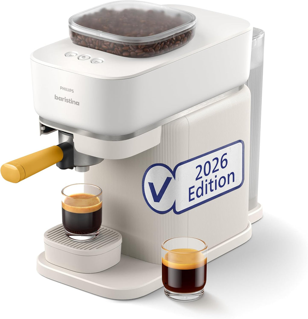 Baristina Espressomaschine – Automatisches Mahlen, Tampen & Brühen,16 Bar, Kaffeemaschine mit Mahlwerk & Siebträger, leichte Reinigung, Espresso & Café Crema, Naturweiß/Mangogelb (BAR305/03)