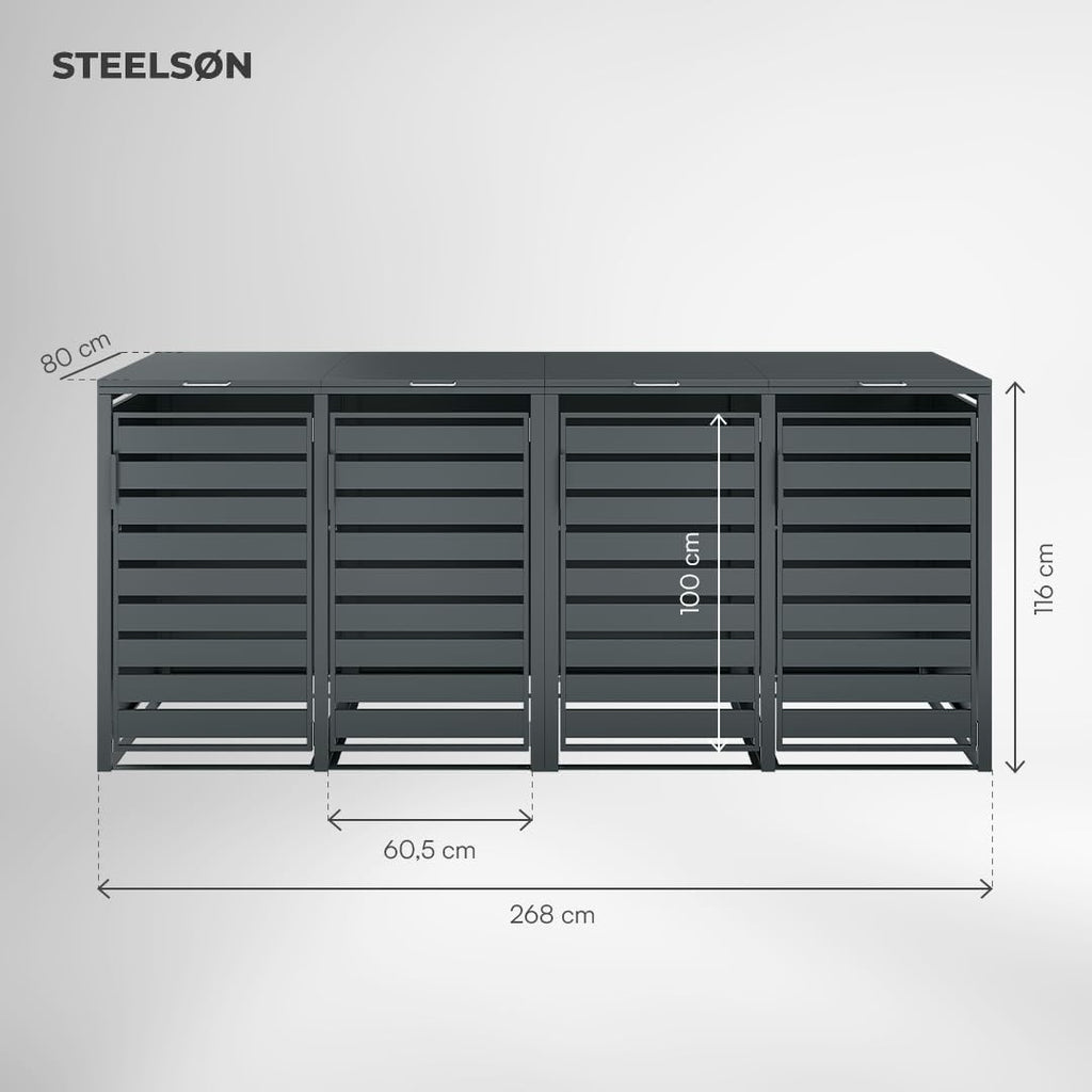 STEELSØN Kestra Mülltonnenbox 4er bis 240L – Mülltonnenverkleidung mit Sichtstreifen aus Stahl – hochwertige Müllcontainer in Anthrazit für 4 Tonnen – Müllbox/Gerätebox wetterfest & UV-beständig