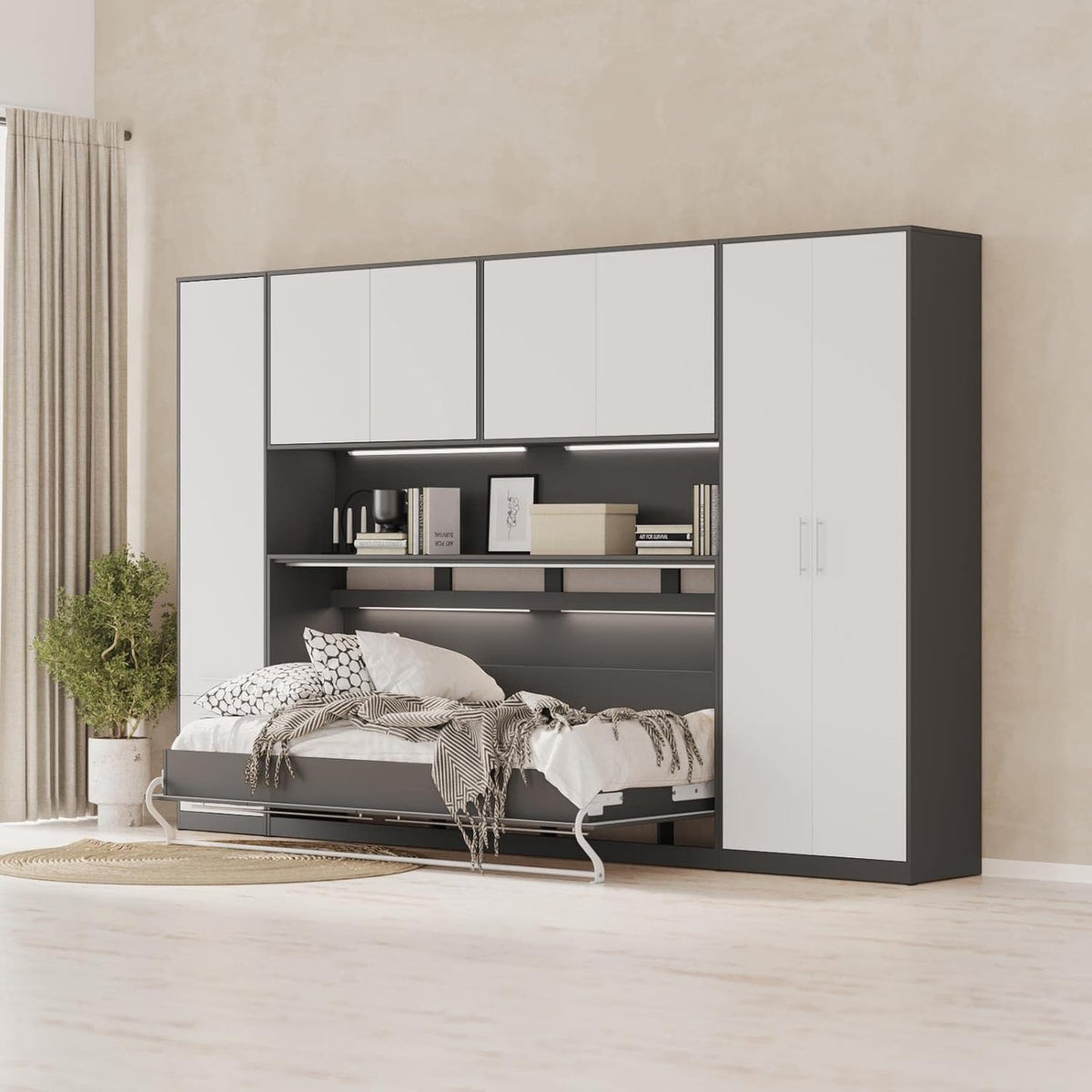 SMARTBett Wohnwand Schlafzimmer Jugendzimmer Gästezimmer Set mit Schrankbett 90x200 + 4 Schränke Anthrazit/Weiss