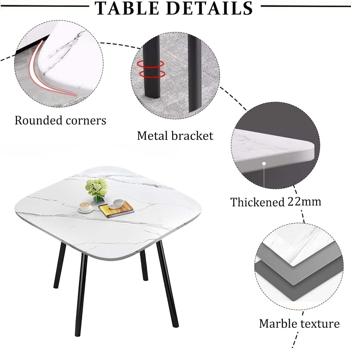 Dining Table Set with 4 Chairs, small Round Dining Table 90 cm, for 4-6 People, for Dining Room, Kitchen, Living Room, modern Kitchen Chairs,Square White