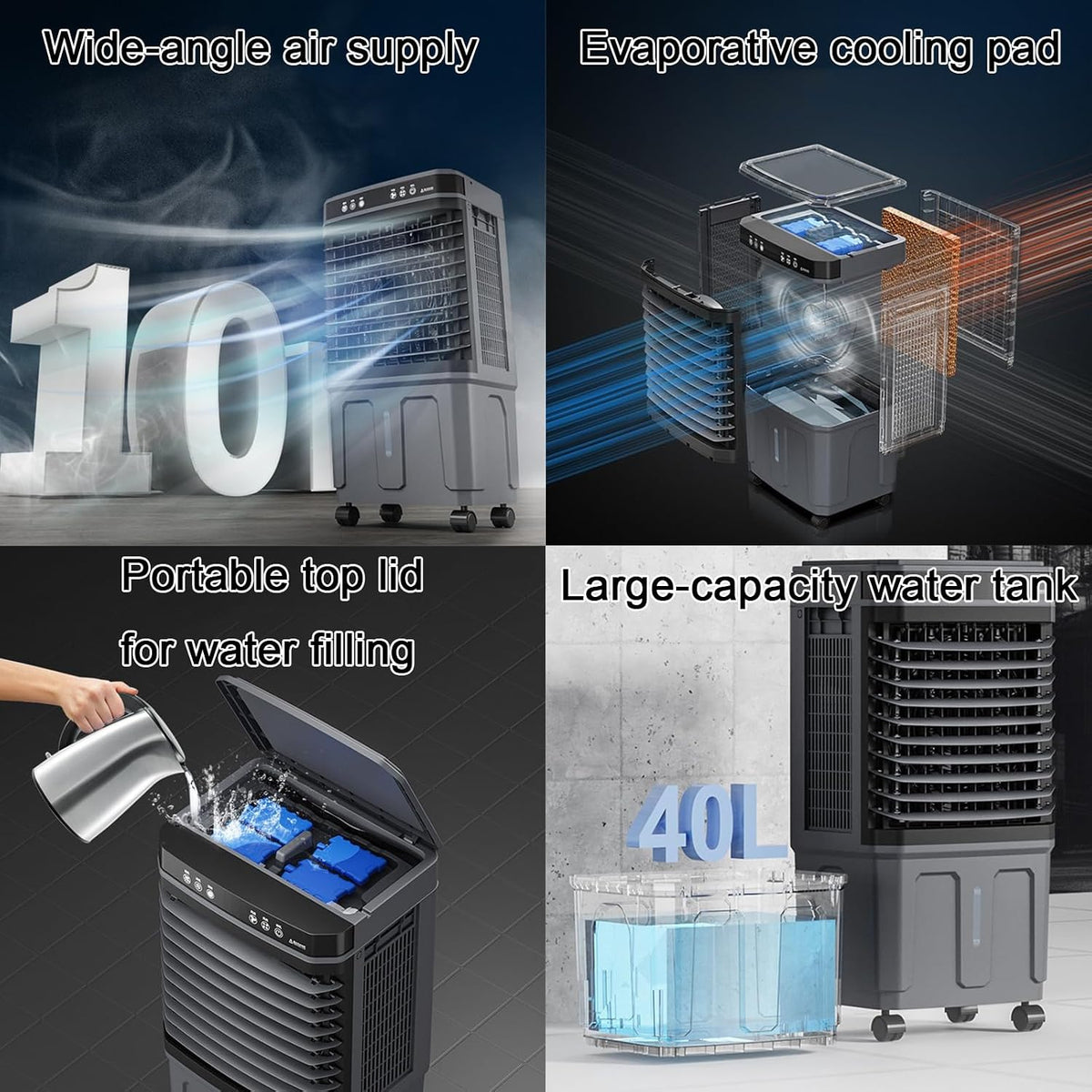 Tragbare Klimaanlage, Verdunstungskühler, großer Wassertank mit 40 l, Fernbedienung, 12-Stunden-Timer, energieeffiziente mobile Klimaanlage (Größe: 43 x 32 x 80 cm/17 x 12,6 x 32 Zoll)