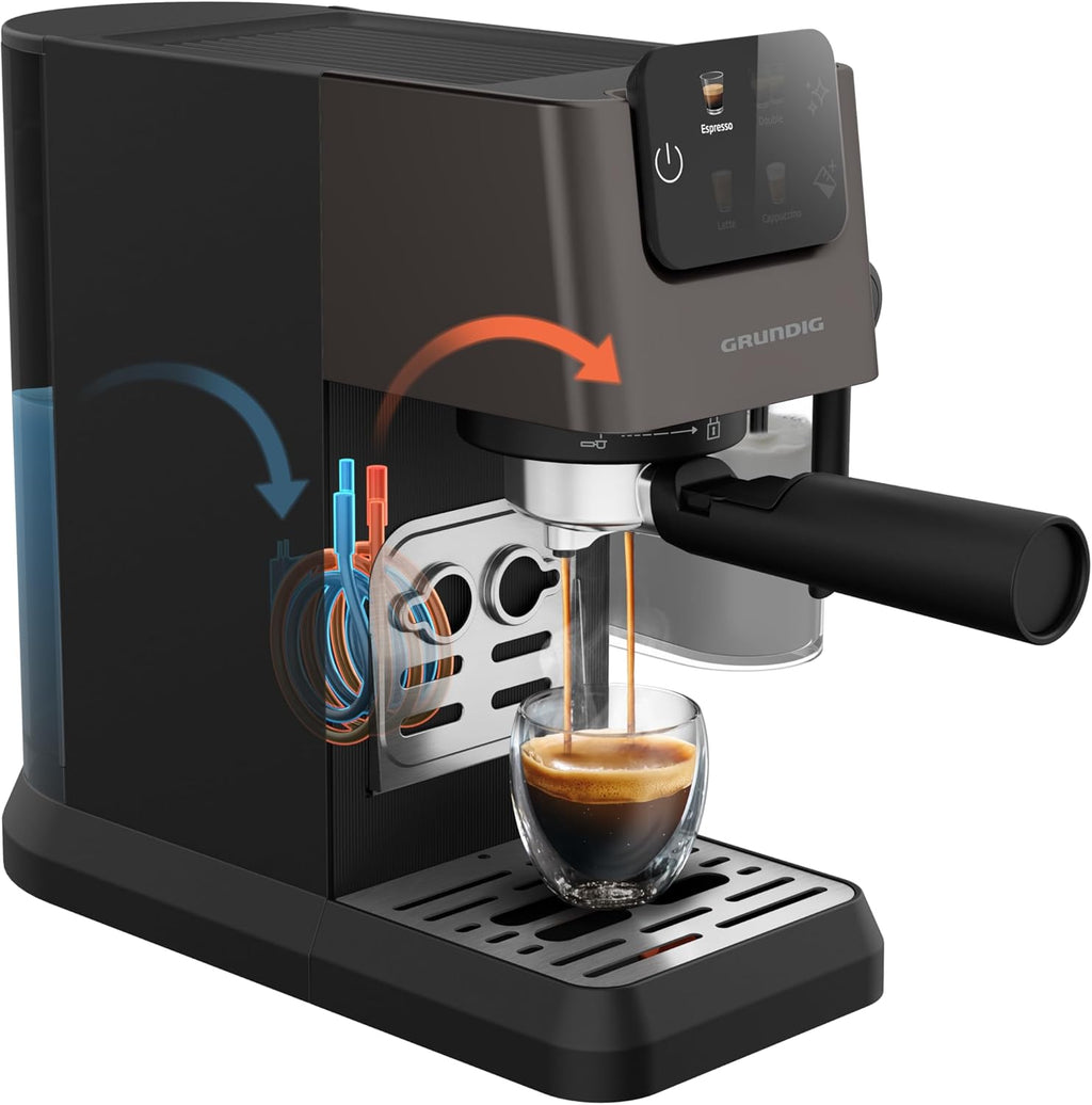 GRUNDIG KSM 5330 Siebträgermaschine mit integriertem Milchbehälter, 1628 W Leistung, 15 bar Pumpendruck, Zweifachdüse, farbiges Touch-Display, BrewSense, CreamyPro, Dark Inox/Schwarz
