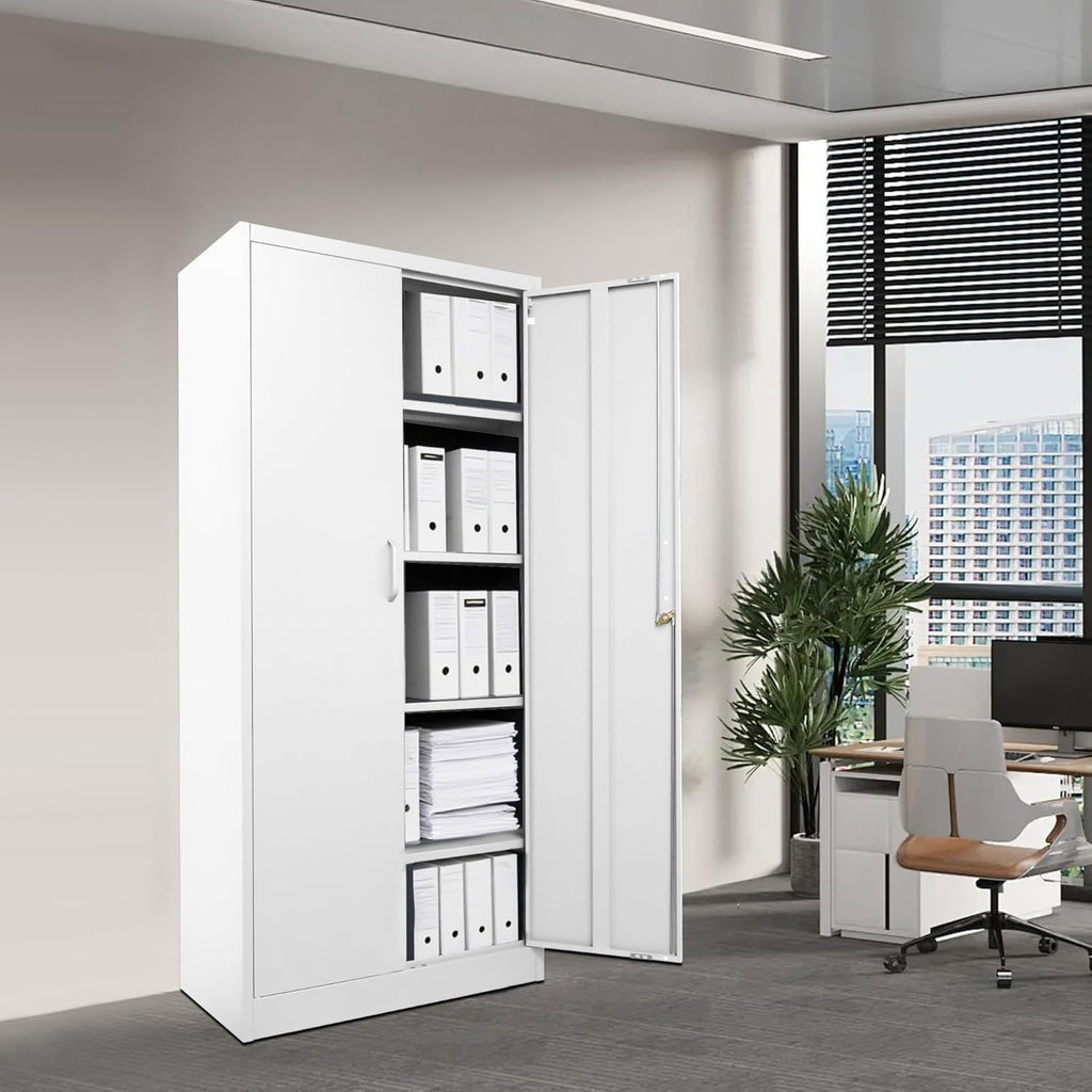 Ondis24 Aktenschrank, Mehrzweckschrank, Schloss, verstellbare Ablagen, Stabil, belastbar, Doppeltüren mit Türmagnet, Griffen Robust und sicher, werkzeugschrank, Büro, Werkstatt, Garage (Weiß 170)