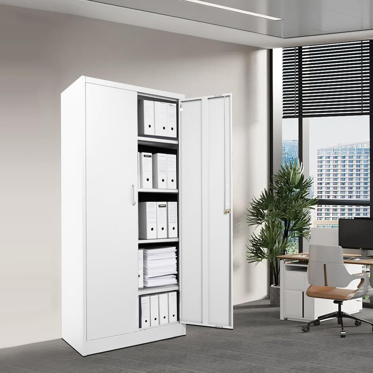 Ondis24 Aktenschrank, Mehrzweckschrank, Schloss, verstellbare Ablagen, Stabil, belastbar, Doppeltüren mit Türmagnet, Griffen Robust und sicher, werkzeugschrank, Büro, Werkstatt, Garage (Weiß 170)