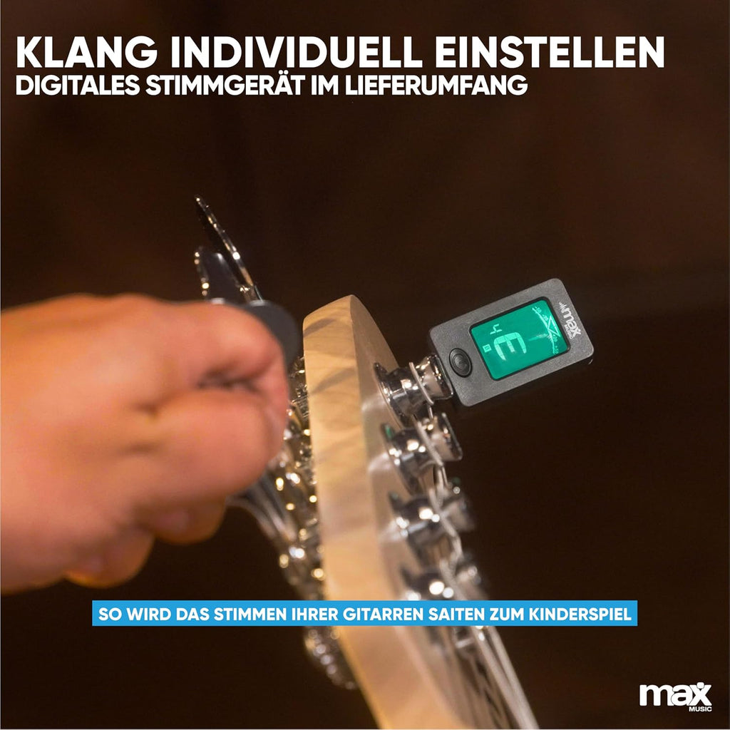 MAX GigKit Bassgitarre Set, E Bass Gitarre, Bass Guitar mit Gitarrenverstärker, Tasche, Stimmgerät, Plektren, Ständer, Gurt, Kabel und Ersatzsaiten - 21 Bünde - Weiß
