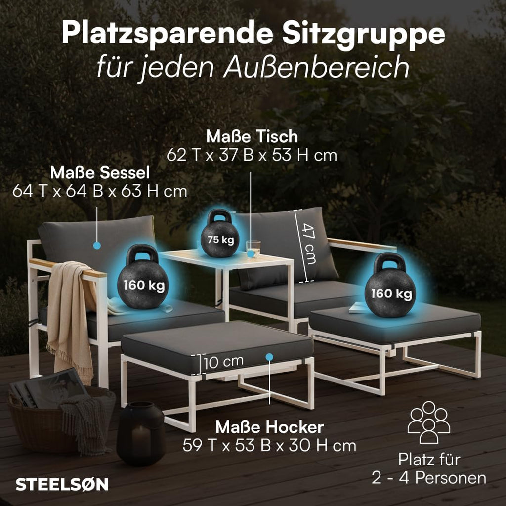 STEELSØN Gartenmöbel Set 5-TLG Asteri, Gartenlounge für 2-4 Personen, Balkonmöbel Set wetterfest inkl. 2 Sessel, 2 Hocker und 1 Tisch, Terrassenmöbel aus Metall mit Kissen Weiß