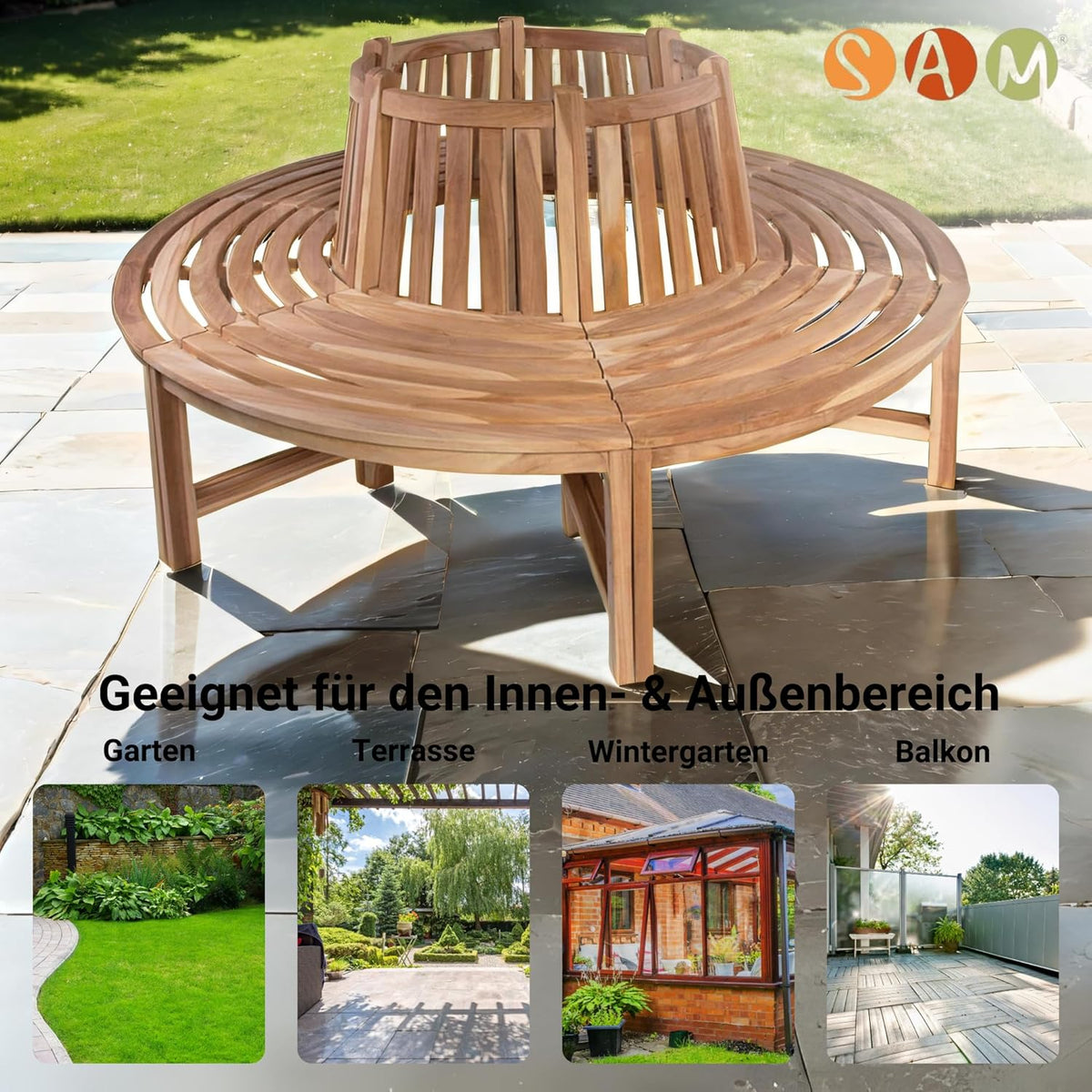 SAM Baumbank Timo, 360° kreisrunde Gartenbank, Teakholz massiv, Holzbank aus Massivholz, Sitzbank für den Garten, Durchmesser 180 cm, komplette Rundbank