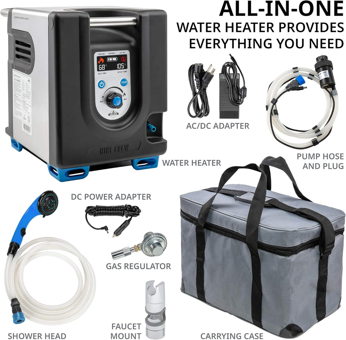 Tragbarer Propan-Warmwasserbereiter und Duschpumpe mit eingebauter Batterie | Kompaktes Outdoor-Reinigungs- und Duschsystem mit LCD, Sicherheitsabschaltung und Tragetasche, sofort heißes Wasser für Camping und Wandern