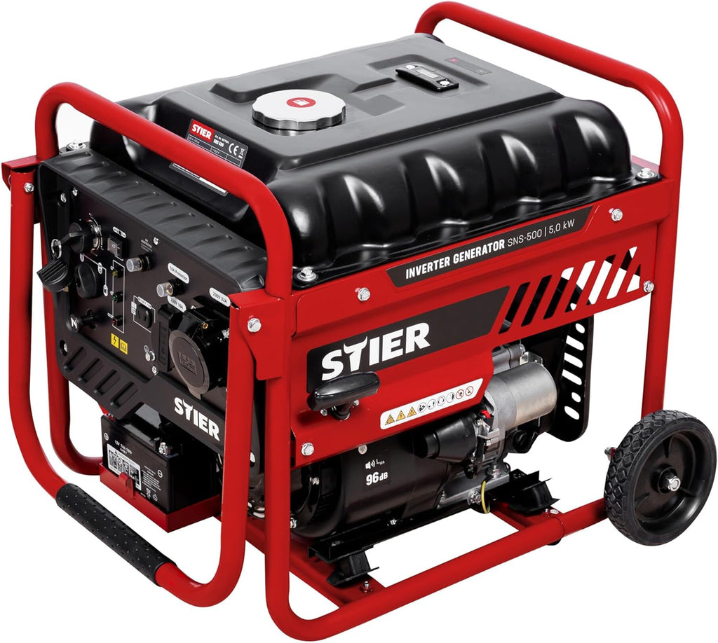 STIER Inverter Stromerzeuger SNS-500 5,0 kW 75 dB(A), Stromgerenator Benzin, Notstrommaggregat, wartungsarm, für den Außenbereich, zum Laden von Batterien geeignet, kompakt