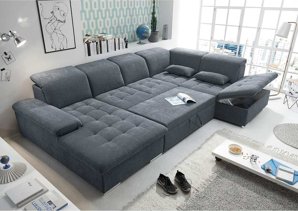 Stella Trading WAYNE Wohnlandschaft in U-Form, Stoffbezug Anthrazit - Ausziehbares Sofa mit Schlaffunktion  und  Bettkasten - 340 x 81 (104) x 188 (240) cm (B/H/T)