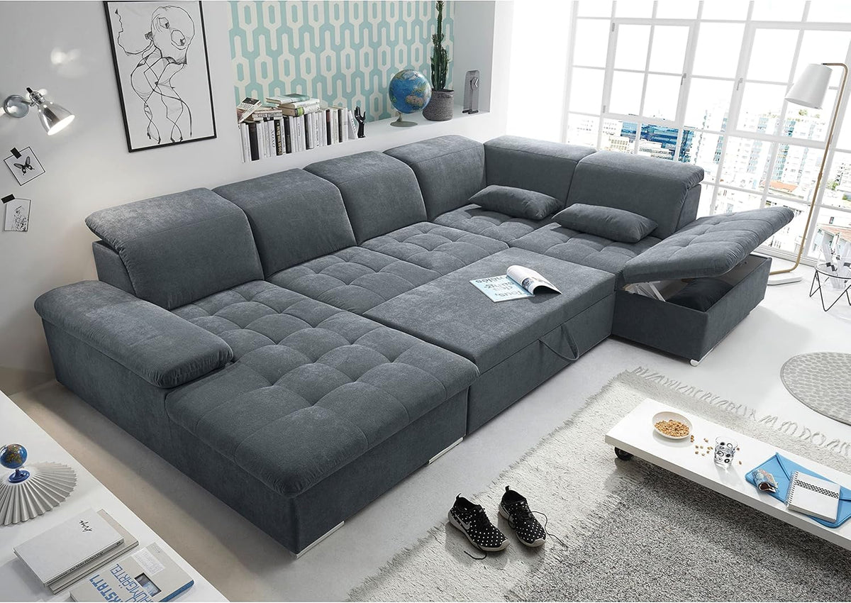 Stella Trading WAYNE Wohnlandschaft in U-Form, Stoffbezug Anthrazit - Ausziehbares Sofa mit Schlaffunktion  und  Bettkasten - 340 x 81 (104) x 188 (240) cm (B/H/T)