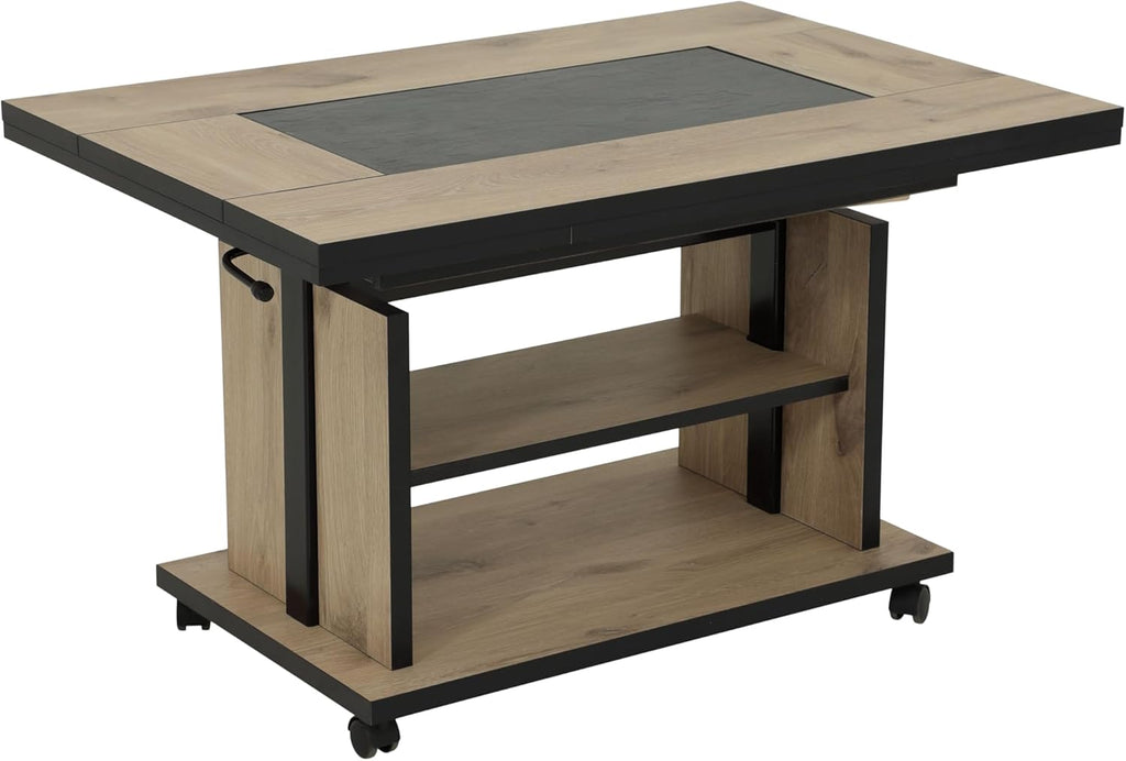 Hela Tische, Couchtisch mit 3 Funktionen Berlin, Dekor Artisan Eiche, Schieferplatteneinlage, Ausziehbar, Höhenverstellbar mit Lift, Kunststoff-Rollen mit Bremse