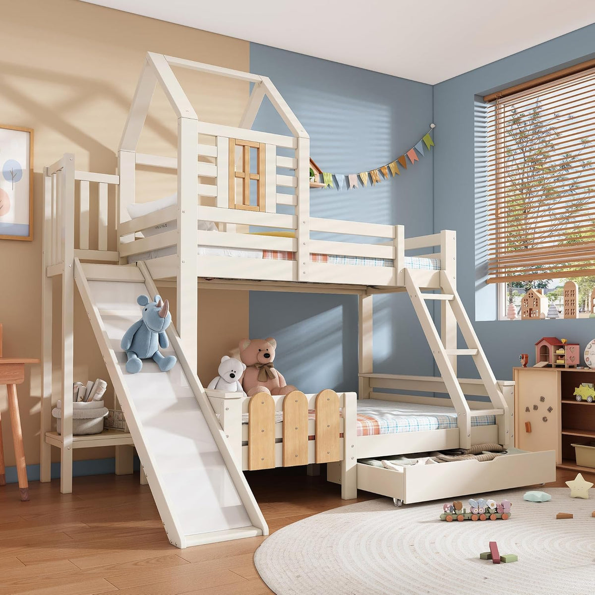 Kinderbett Etagenbett 90x200 & 140x200 cm mit Leiter & Rutsche, Hochbett Hausbett mit Bücherregal & Stauraum Schubladen, Bett Bettgestell mit Lattenrost & Rausfallschutz, Ohne Matratze, Weiß