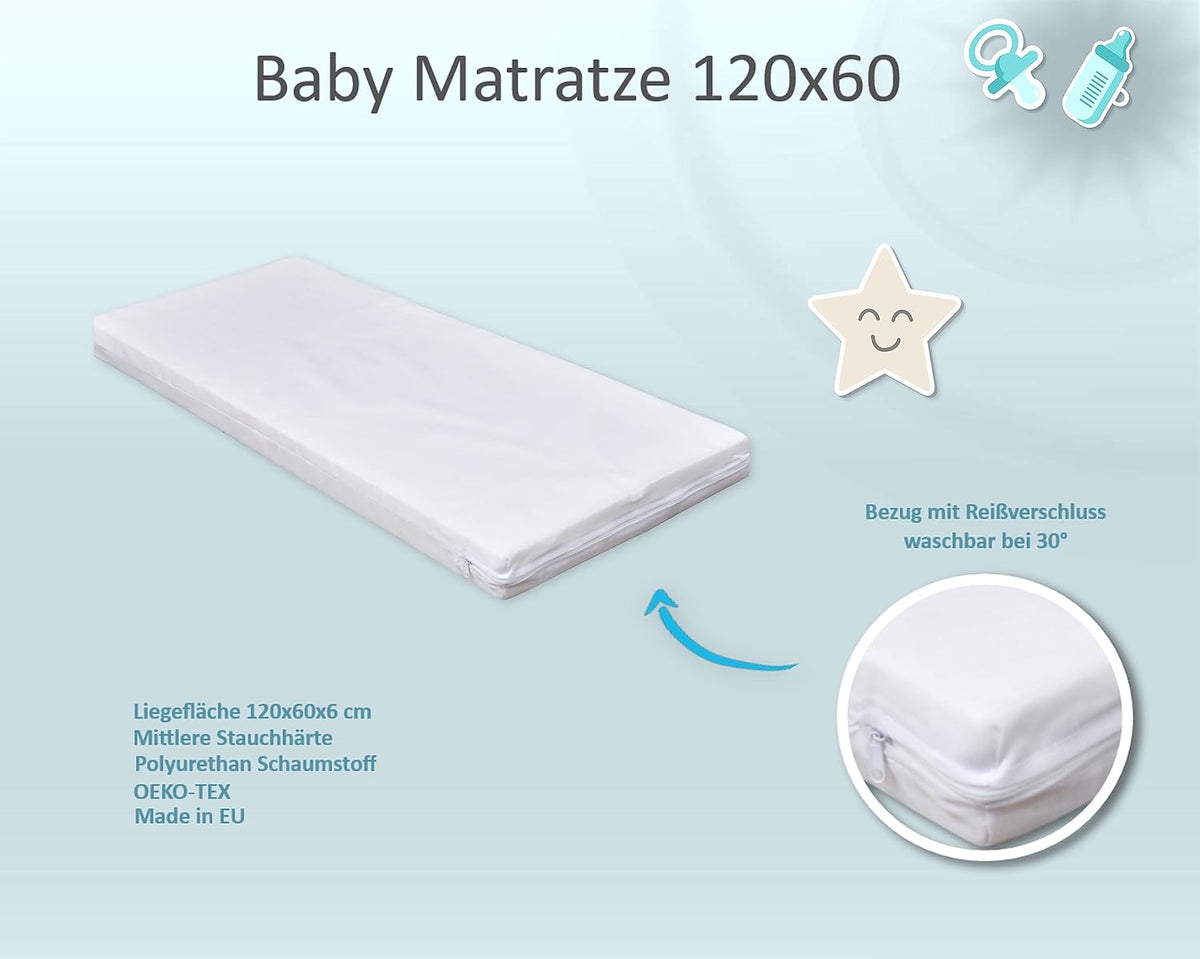 Babybett Komplett Set Max Prince 60x120 weiß Kinderbett umbaubar zum Juniorbett inkl. Bettwäsche Set Komplett (Zirkus blau)