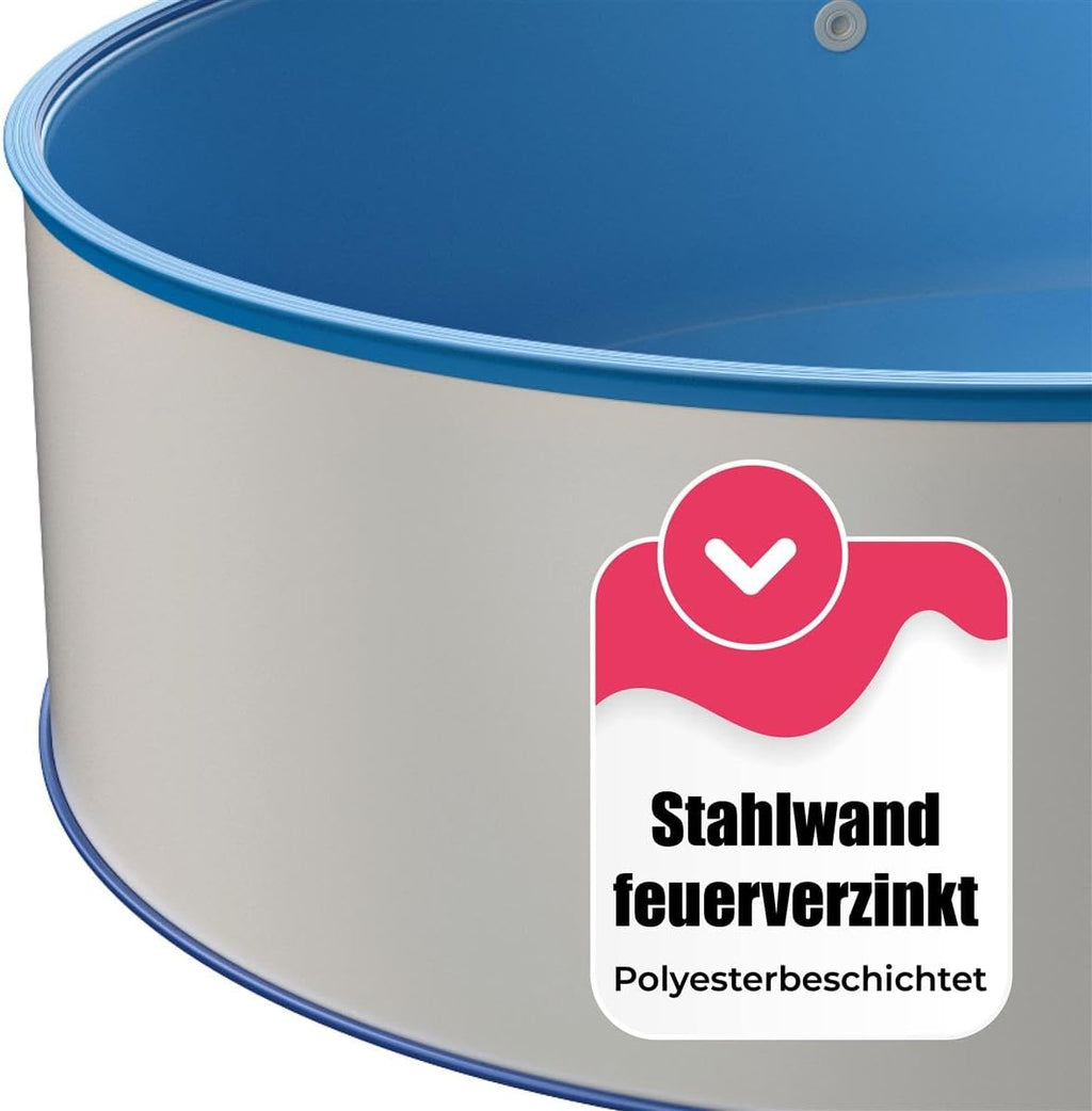 Stahlwand Ovalpool-Set (L x B x T) 8,00 m x 4,20 m x 1,50 m, Pool Made in Europe, mit Edehlstahlleiter für Tiefbecken, SF152 Sandfilteranlage mit 11 m³/h, Einbauskimmer, Filtersand, Poolschlauch