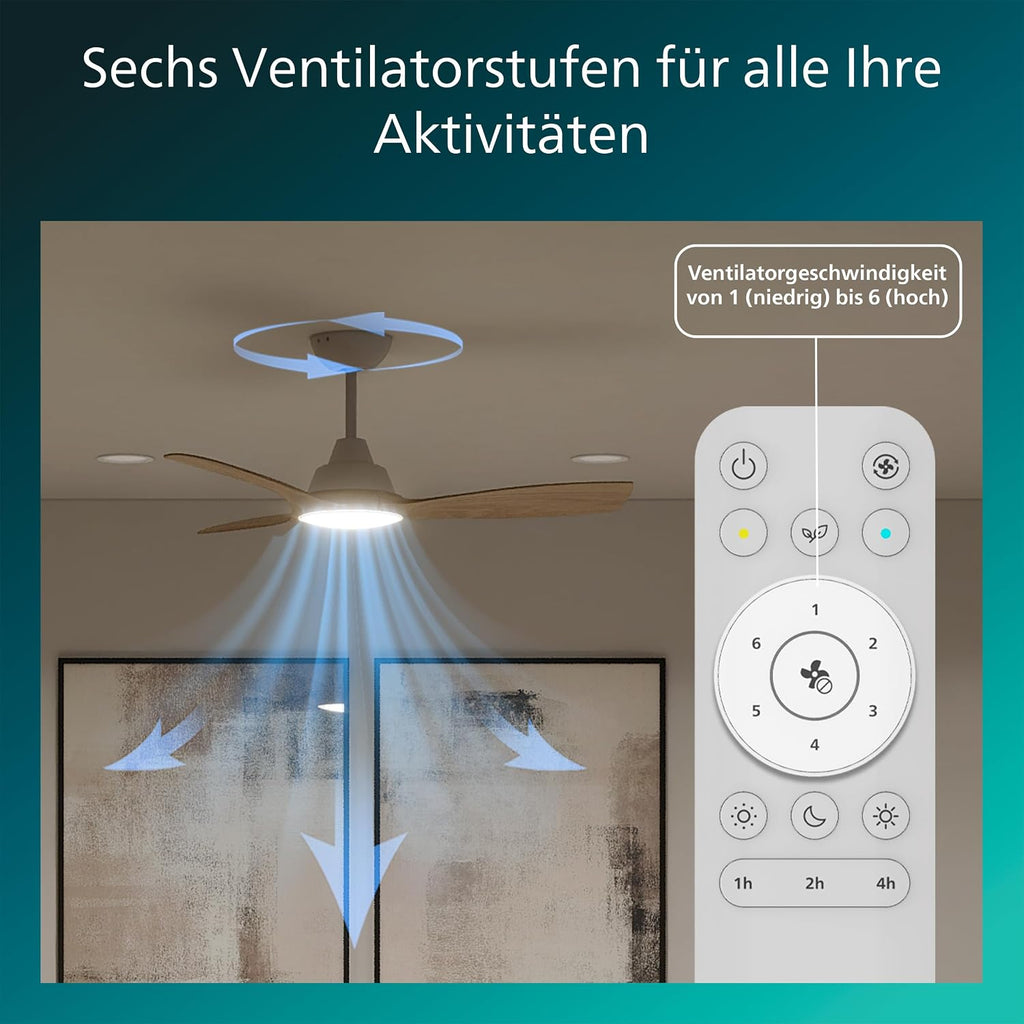 PHILIPS Olas Deckenventilator mit LED-Leuchte, 3 Flügel, 106 cm Durchmesser, 2650 Lumen, einstellbares weißes Licht von 3000 K bis 6500 K, dimmbar auf 5%, inklusive Fernbedienung, weiß/Holz, modern