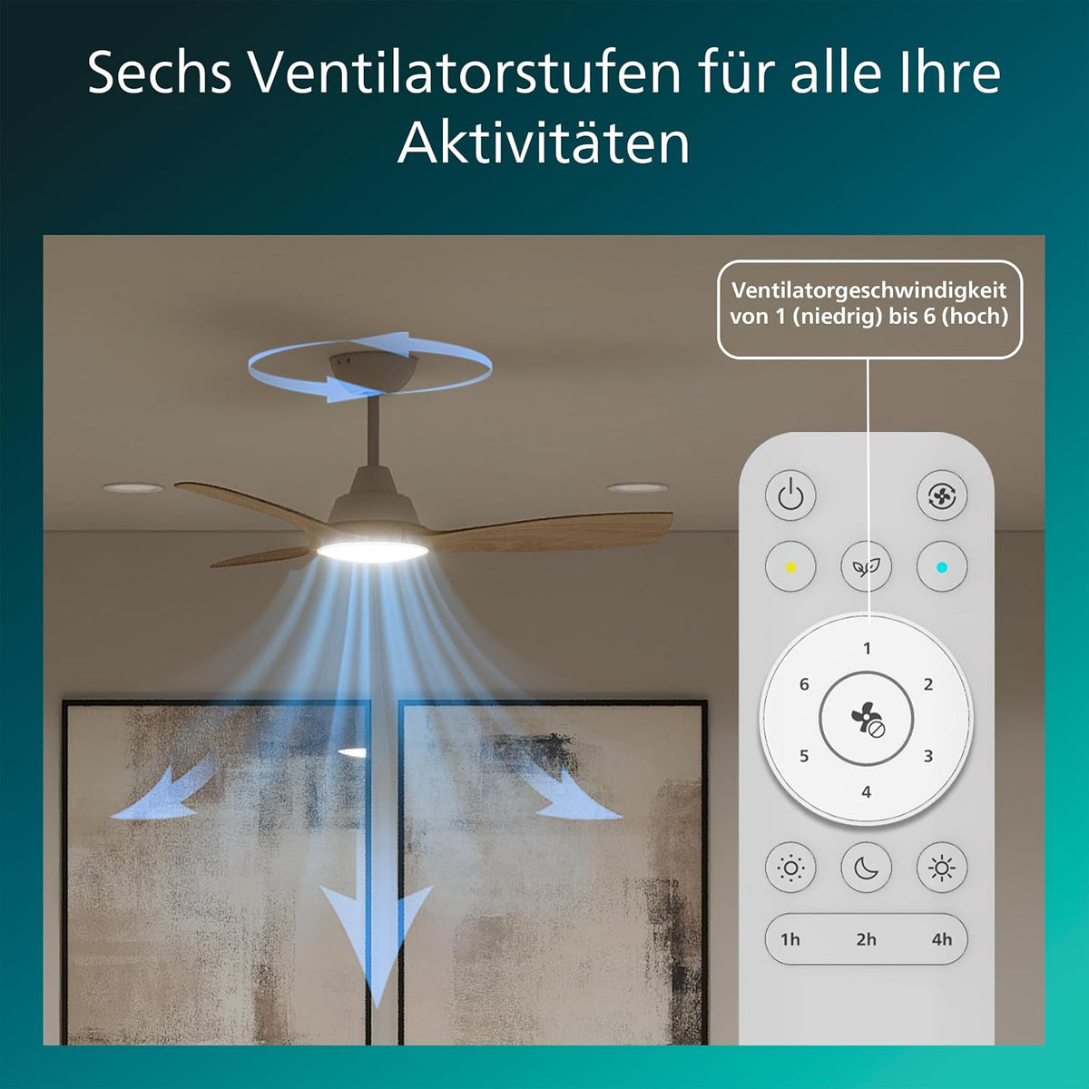PHILIPS Olas Deckenventilator mit LED-Leuchte, 3 Flügel, 106 cm Durchmesser, 2650 Lumen, einstellbares weißes Licht von 3000 K bis 6500 K, dimmbar auf 5%, inklusive Fernbedienung, weiß/Holz, modern