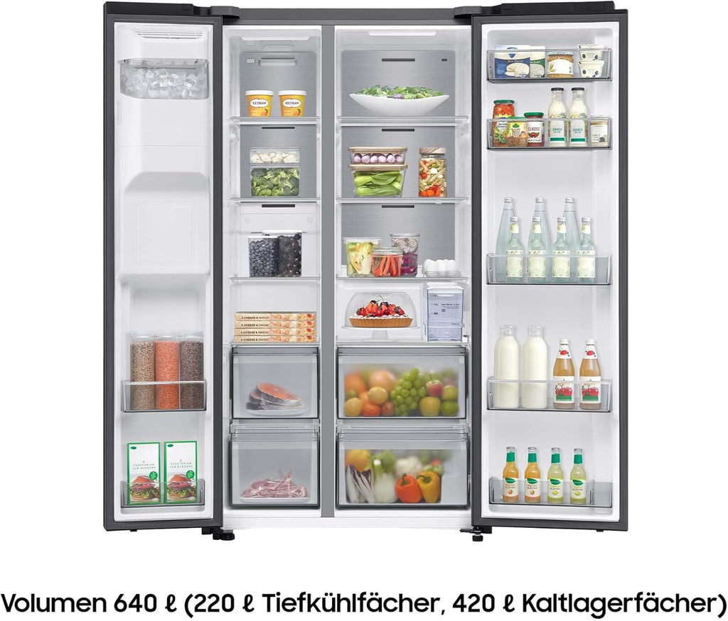 Samsung RS70F65KDFEF Side-by-Side Kühl-Gefrierkombination, AI Kühlschrank mit Gefrierfach, 178 cm, 640 l, Eis-/Wasserspender mit Wassertank, AI Energy Mode, Metal Cooling, Black Steel