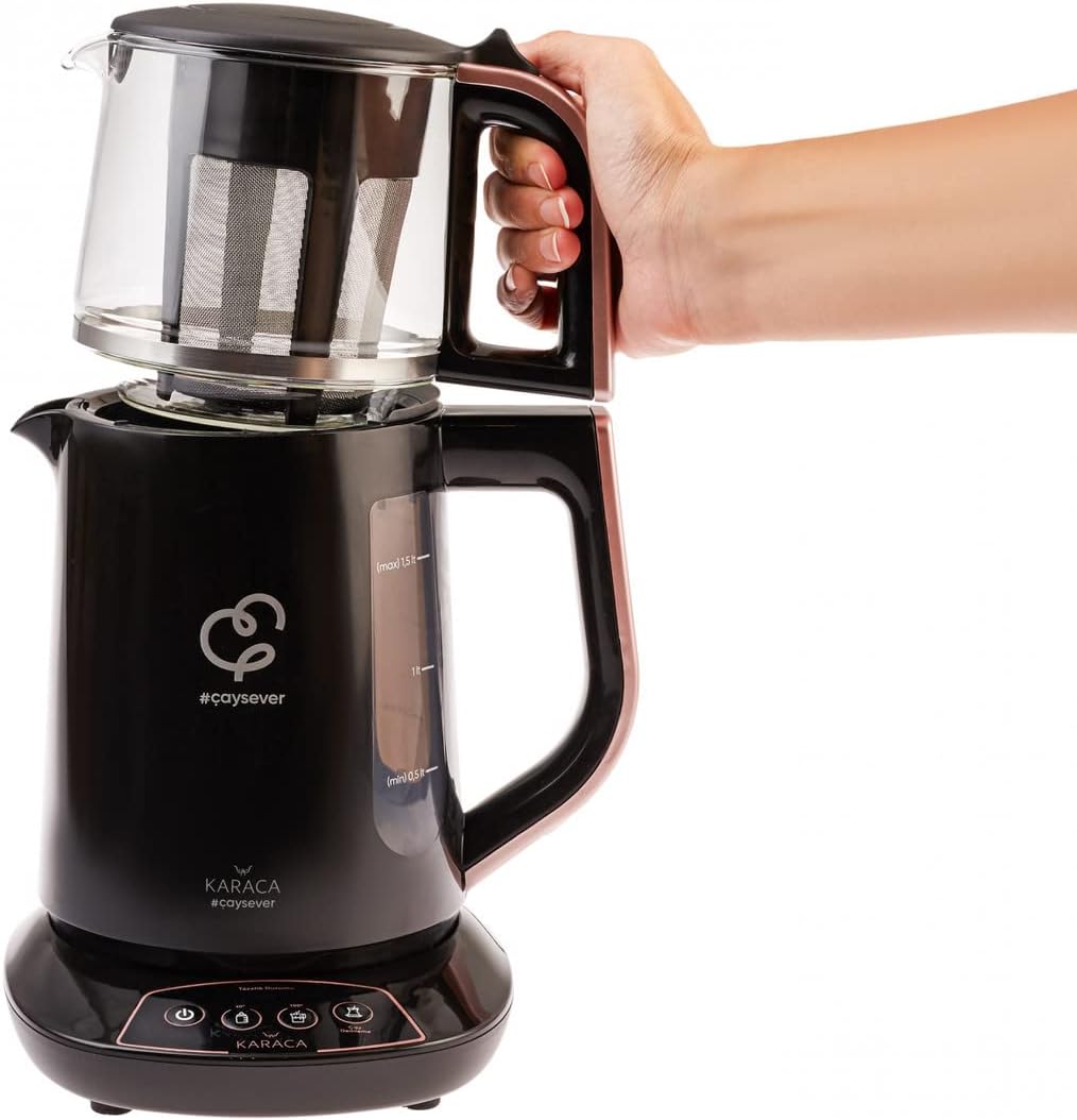 Karaca Çaysever Sprechende Teekanne und Wasserkocher 1700W, Rosegold, BPA-frei, 1,5L Wassertank, 0,8L Teekanne, Automatische Warmhaltefunktion, Geeignet für Babynahrung
