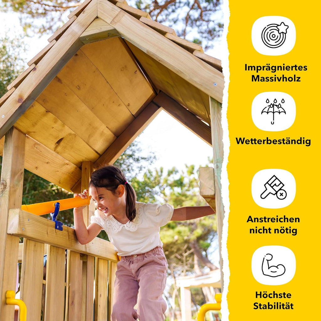 WICKEY Spielturm Klettergerüst Smart Camp mit Schaukel & grüner Rutsche, Outdoor Kinder Kletterturm mit Sandkasten, Leiter & Spiel-Zubehör für den Garten