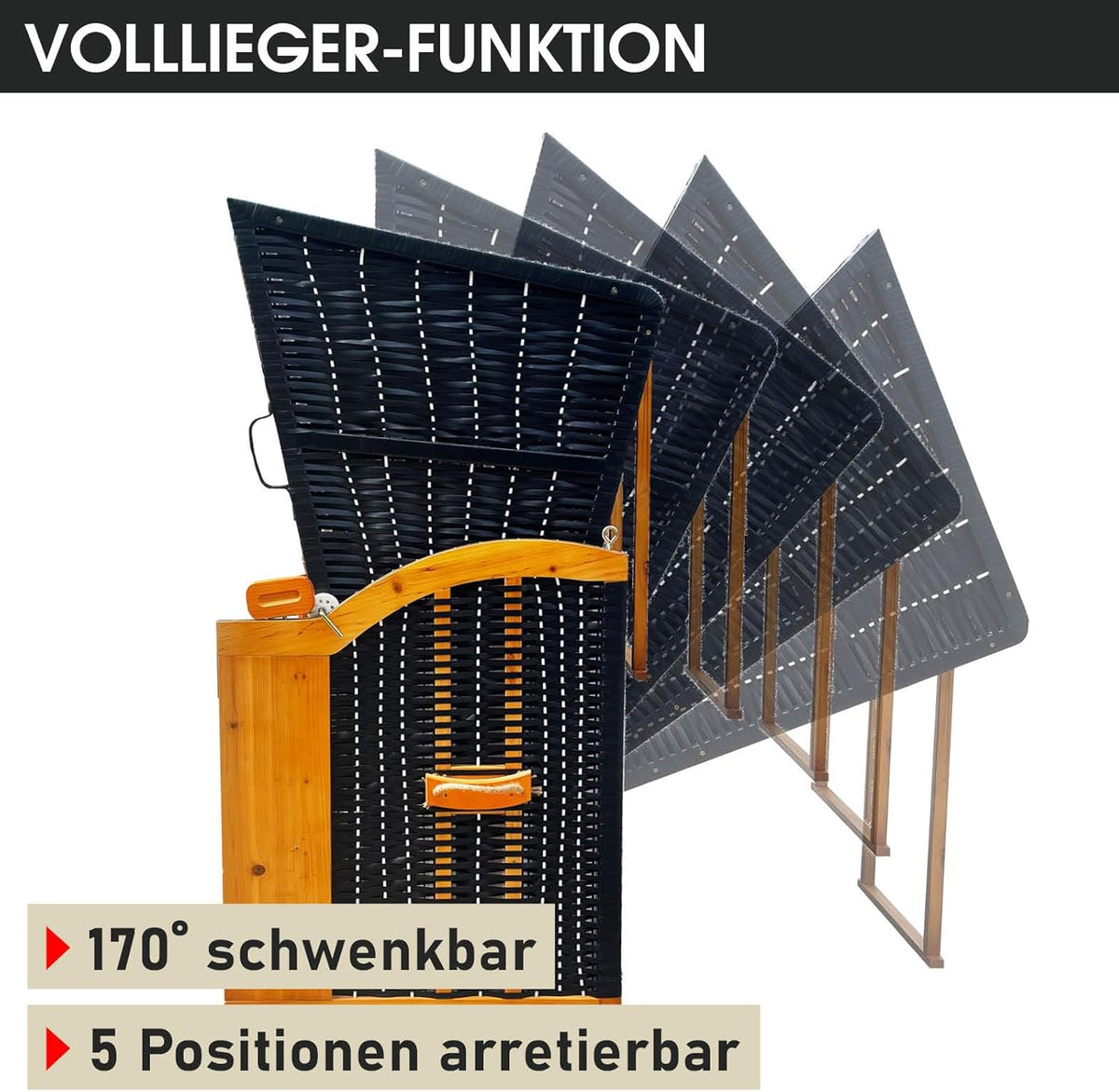 BRAST® Strandkorb Rügen Deluxe | für 2 Personen | 120cm breit | 5 Designs | inkl. wetterfeste Abdeckhaube | verstellbare Rückenlehne weiches Fußkissen | Anthrazit/Grau - gestreift