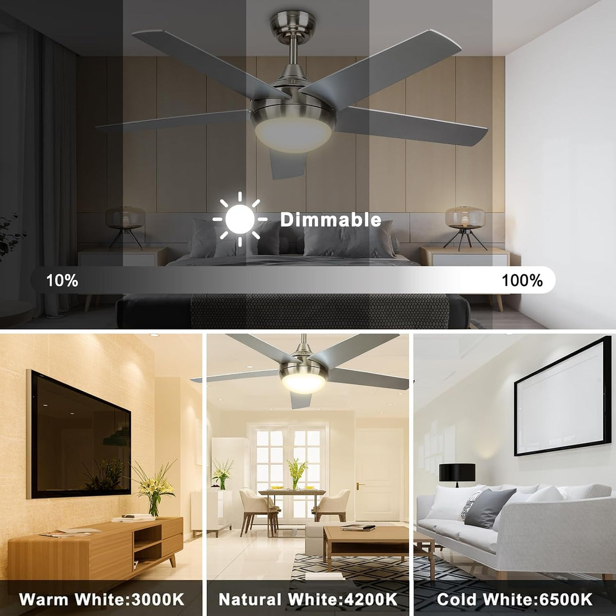 Deckenventilator mit Beleuchtung, Leiser DC-Ventilator 132cm mit Fernbedienung, Dimmbare Lampe 3000K-6500K, 5 Flügel, 6 Geschwindigkeiten, Timer, für Schlafzimmer, Esszimmer, Wohnzimmer, Küche, Büro
