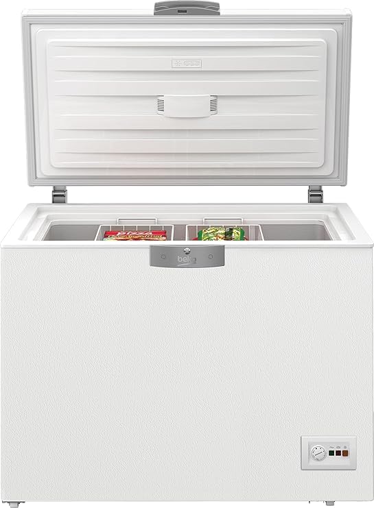 Beko HSM22340 Gefriertruhe, Kühltruhe, 230 l Nutzvolumen, 2 Gefriergutkörbe, Temperaturalarm, abschließbar, LED-Anzeigesystem, Innenbeleuchtung, 35 db(A), Transportrollen, Weiß