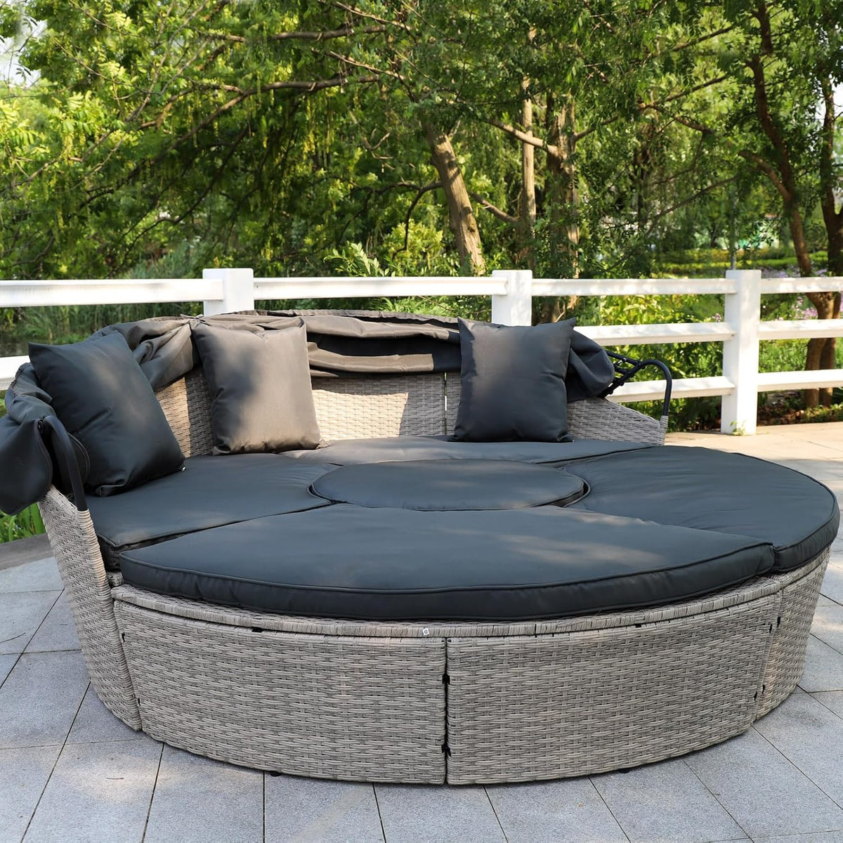 Poly Rattan Sonneninsel XL mit faltbarem Sonnendach Ø 180/210 cm inkl. Auflagen Kissen, Lounge Sonnenliege Gartenmuschel (Hellgrau, Dia 210)