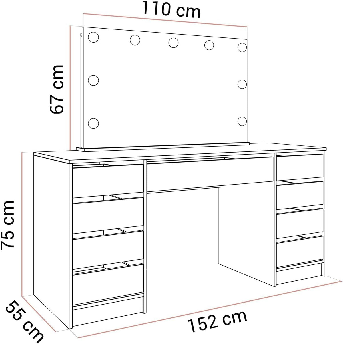 Lookway Schminktisch MADA Elite II mit LED-Spiegel – Eleganter Kaschmir oder Weiß Hochglanz, Wandmontage, Geräumige Schubladen (Kaschmir/Kaschmir Hochglanz)