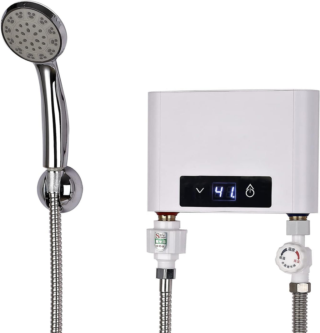 Elektronischer Durchlauferhitze Dusche, 220V elektrische Warmwasserbereiter Temperaturwahl 30-52 °C mit Bad Dusche Kit, für Handwaschbecken, Küche, Bad, Waschbecken (5500W mit Duschset, Weiß)